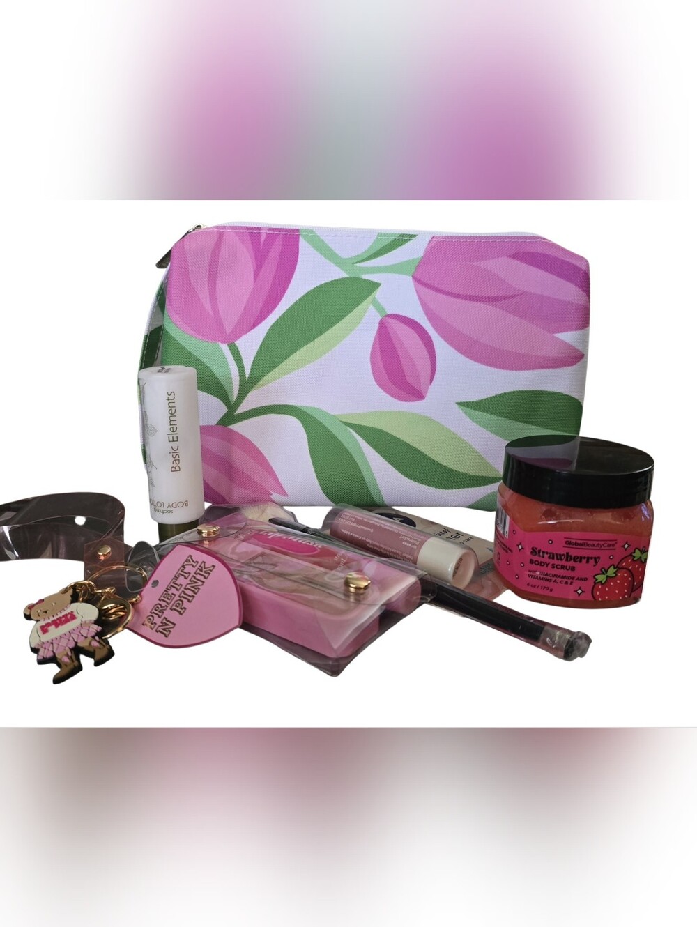 Clinique Pink Floral Cosmetic Pouch with Beauty Products